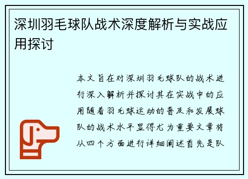 深圳羽毛球队战术深度解析与实战应用探讨